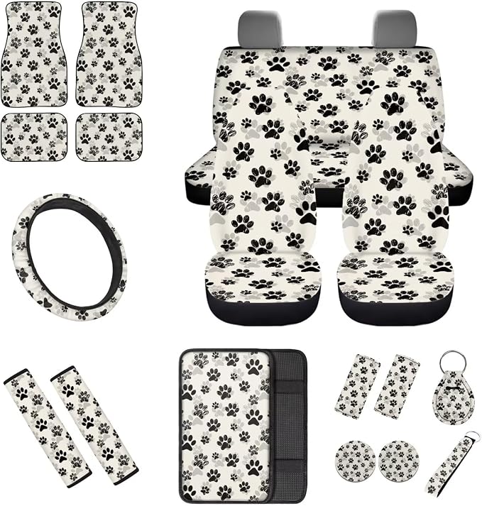 Dog Paw Print Car Seat Cover Full Set with Steering Wheel Cover Floor Mats Armrest Pad Seat Belt Pads Roof Handle Wraps Cup Coaster Keychain Automotive Interior Accessories Set of 18