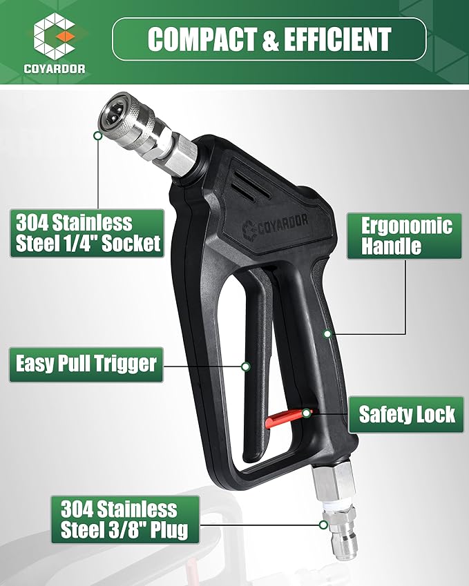 Pressure Washer Short Gun with Swivel 3/8" Male Plug & 1/4”Quick Connector Coupler - Comfortable Handle - Compatible with Foam Cannon for Car Wash 4000 PSI, Black