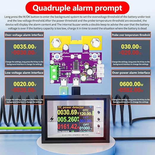 500A Battery Monitor with Shunt 0~420V 500A with Buzzer Alarm and Data Storage Batteries Monitor IPS Color Screen for 0~420V Any Battery and DC Power with 3m Type-C Data Cable Temperature Probe