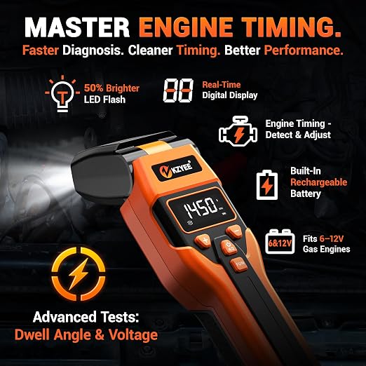 KZYEE KT80 Digital Timing Light with Tachometer (RPM), Advance, Dwell Meter & 0-35V Voltage Test, 60° Adjustable LED Strobe, USB-C Rechargeable & 12V Backup, for Distributor Gas Engines