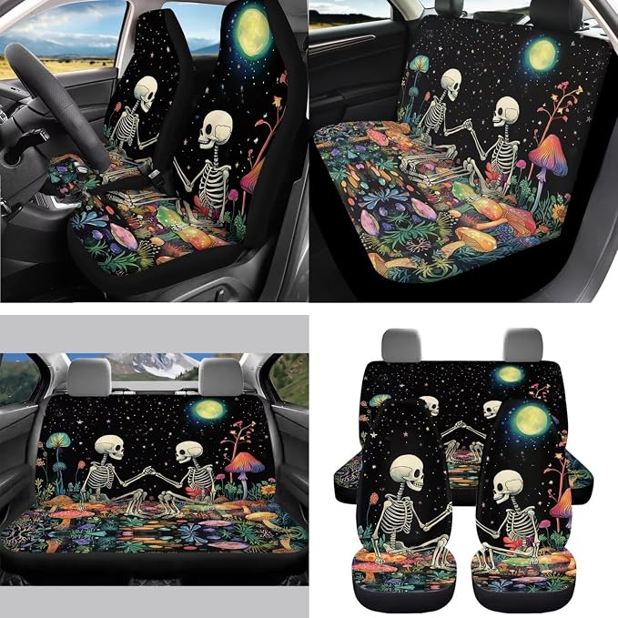 Goth Moon Skeleton Car Seat Covers Full Set 15 Pcs Universal Car Accessories Steering Wheel Cover Seat Belt Pads Garbage Bag Car Headrest Pillow Covers Armrest Pad