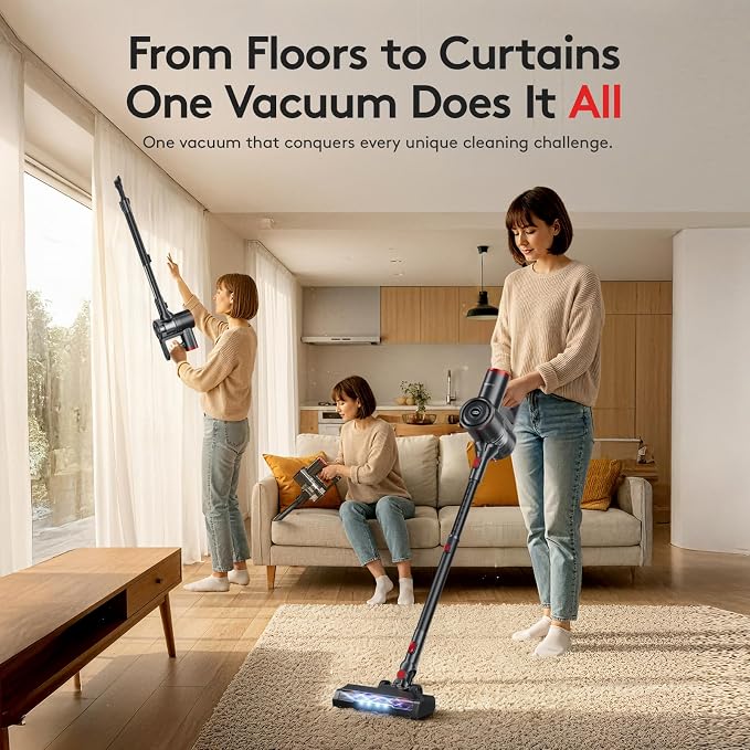 RONEAIR Cordless Vacuum Cleaner,40Kpa 45Min Vacuum Cleaners for Home,Self-Standing,Stick Vacuum with Wall Mount Storage,Anti-Tangle &,6 in 1 Lightweight Vacuum for Hard Floors Carpet Pet Hair - Black