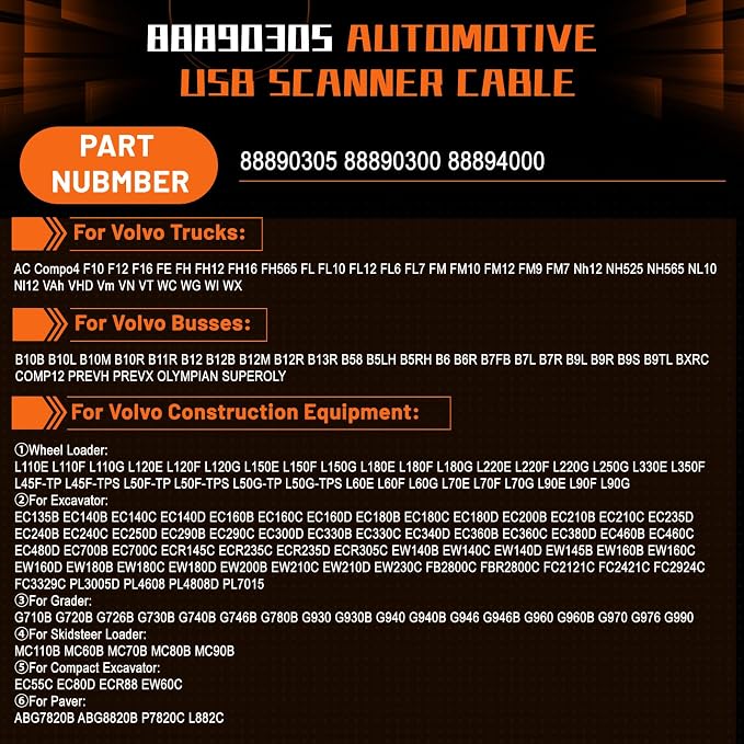 PANGOLIN 88890305 Scanner Cable Automotive USB Cable for Volvo 88890300 88894000 Diagnostic Adapter Tool Excavator Spare Parts