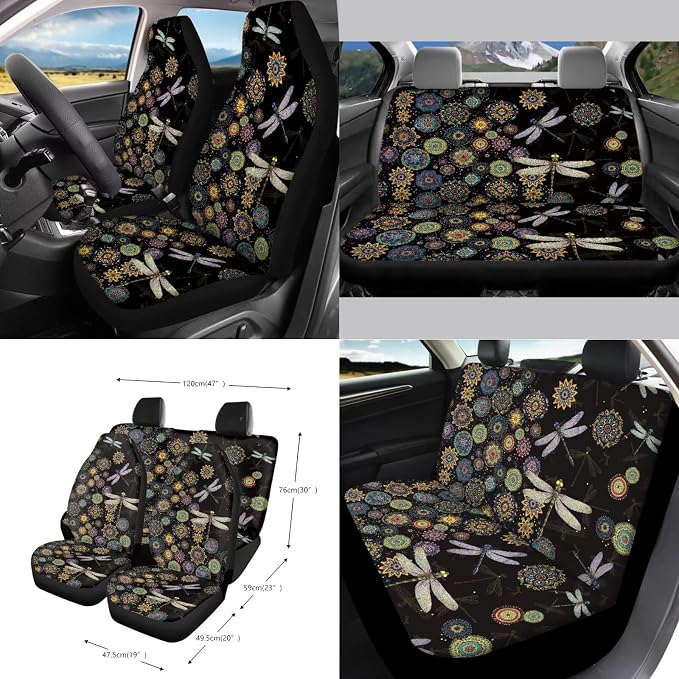 Boho Mandala Dragonfly Print Car 15pcs Accessories, Front and Back Seat Covers for Cars Steering Wheel Pad Seat Belt Cushion Trash Can Coasters Universal Fit