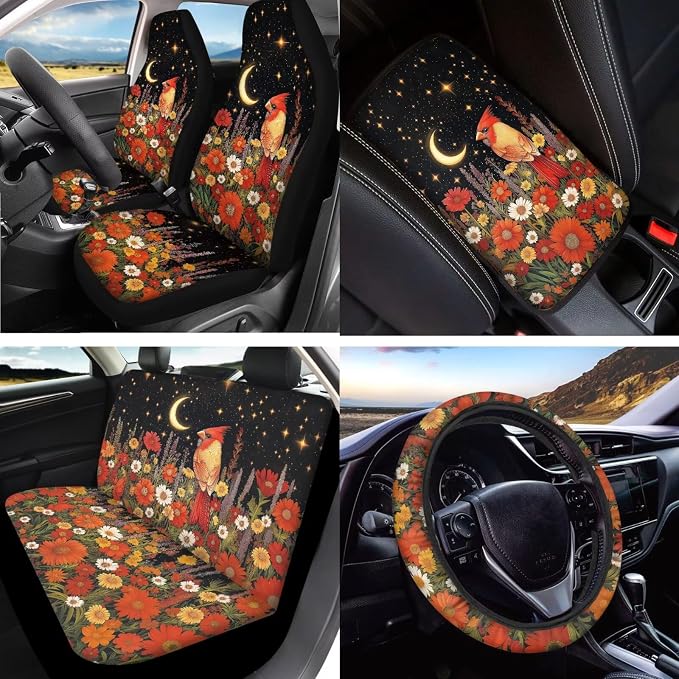 Cardinal Floral Moon Print Car Seat Cover Full Set with Auto Steering Wheel Cover Seat Belt Protector Armrest Pad Auto Rear View Mirror Protector Set of 15, Car Accessories Set, Orange
