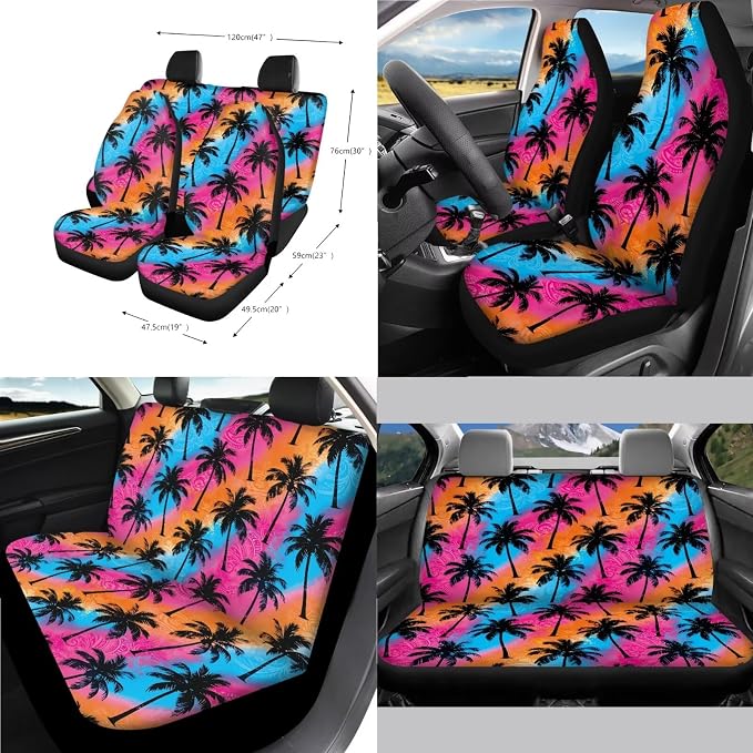 Coconut Tree Print 14Pcs Full Set Car Seat Covers with Accessories, High Back Car Front and Rear Seat Covers with Steering Wheel Cover Center Console Pad and Safety Belt Pads, etc