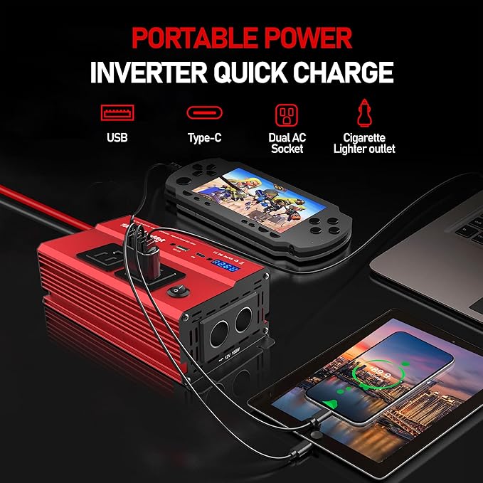 DrimMek 1000 Watt Power Inverters 12v to 110v for Vehicles - with Dual AC Outlets, 1000w Inverter with 3.0A USB and Type-C, 12v Inverter car Cigarette Lighter Battery for/Truck/RV/Emergency