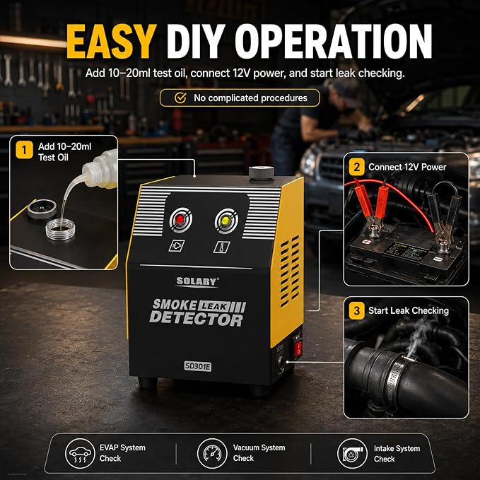 Solary Automotive Smoke Machine EVAP Tool - SD301E Yellow 12V DC Leak Tester with Vacuum Function – Home Garage Car Owner Repair Tool
