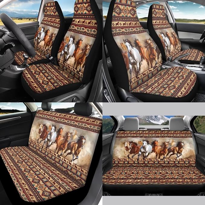 Tribal Horse Car Seat Covers Full Set 12 Pcs Car Steering Wheel Cover Center Console Cover Fashion Auto Seat Belt Covers Gear Lever Cover Fit for Most Cars, SUVs