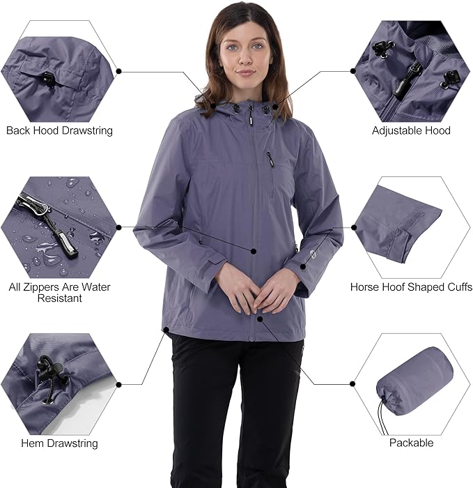 Outdoor Ventures Packable Rain Jacket Women Lightweight Waterproof Raincoat with Hood Cycling Bike Jacket