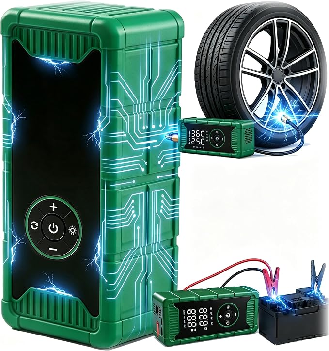 8000A Jump Starter with Air Compressor, Portable Tire Inflator and Battery Jumper, German-Tech Fast Charging Power Bank for Car Owner, Camping, Road Trips Emergency Preparedness Gift
