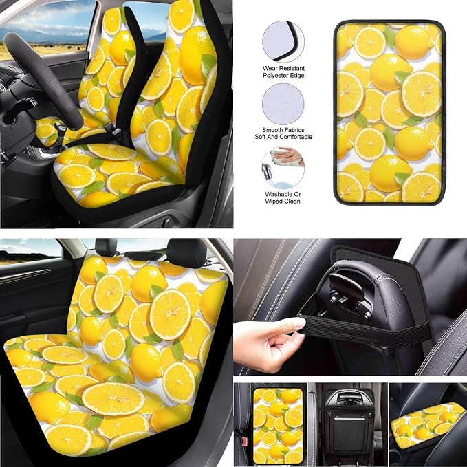 Orange Slices Car Seat Cover Full Set of 13, Watercolor Orange Slices Nonslip Car Front and Rear Beach Split Seat Cover Seatbelt Coaster, Universal Fit Auto Accessories for Interior