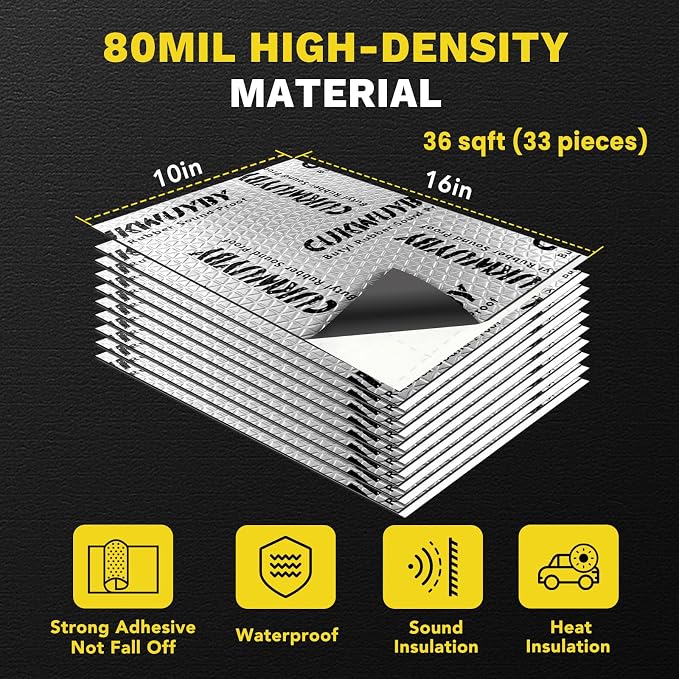 Butyl Sound Deadening 80mil 36sqft Sound Deadening Mat Car Sound Deadening Material Sound Deadening for Cars Automotive Sound Deadening Material Noise Insulation & Vibration Dampening Material (33pcs)