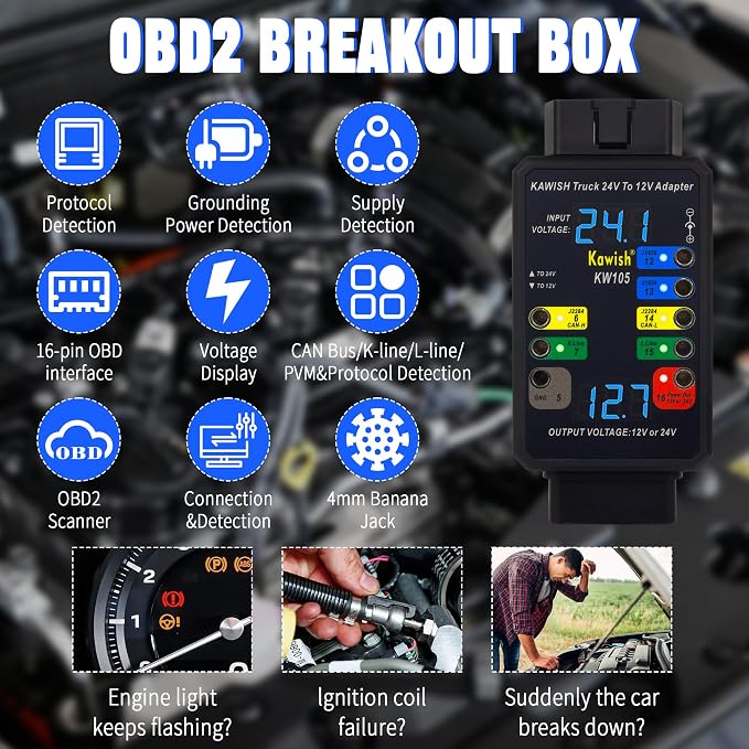OBD2 Breakout Box, Auto OBDII Protocol Detector 16-Pin CAN Bus Test Breakout Box, 24V to 12V Heavy Duty Truck Adapter for Car ECU Tool Maintenance/Diagnosis/Programming/Coding (Breakout Box+Wire)