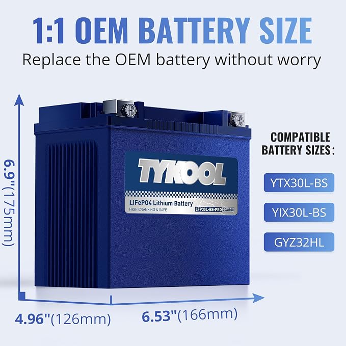 TYKOOL LFP30L-BS-PRO Lithium LiFePO4 Battery 18Ah 800CCA, LCD Readout IP66,Compatible with Harley Touring Road Glide Street Glide, Polaris RZR Ranger 1000, Can-Am Defender Maverick, Replaces YTX30L-BS