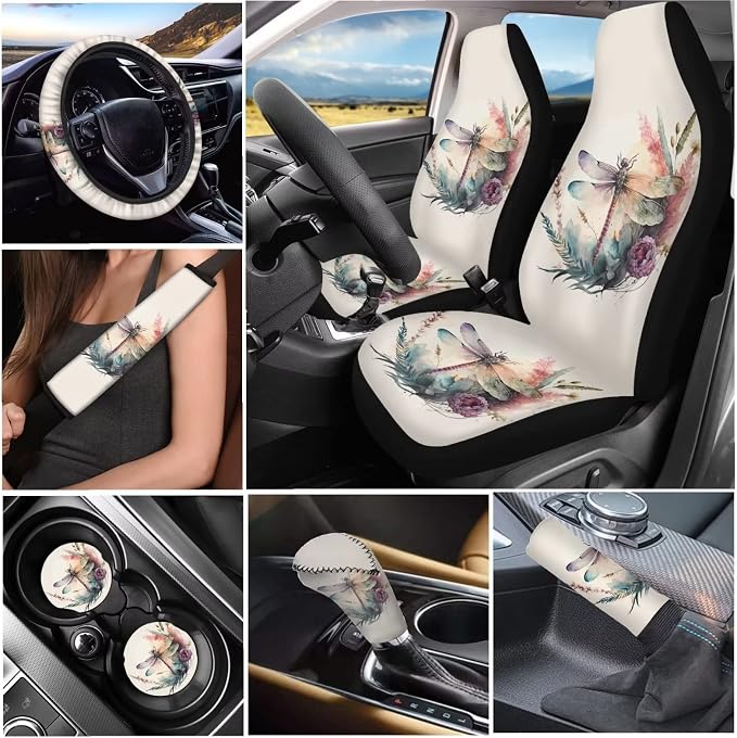 Tupalatus 9 Pack Car Seat Covers Set Gear Shift Knob Cover,Car Handbrake Cover,Seat Belt Shoulder Pads,Car Coaster,Steering Wheel Cover Interior Accessories Universal Fit, Retro Dragonfly Floral Beige