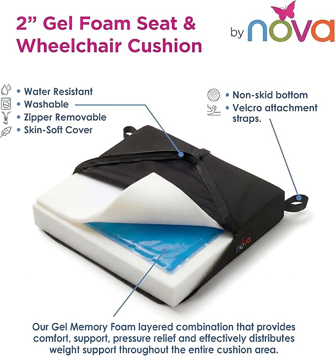 Nova Gel & Memory Foam Seat & Wheelchair Cushion in 8 Sizes (from 16” X 16” to 18” X 24” Extra Wide), Comfortable & Durable Everyday Seat Cushion with Removable Water Resistant Cover, 2” or 3” Thick