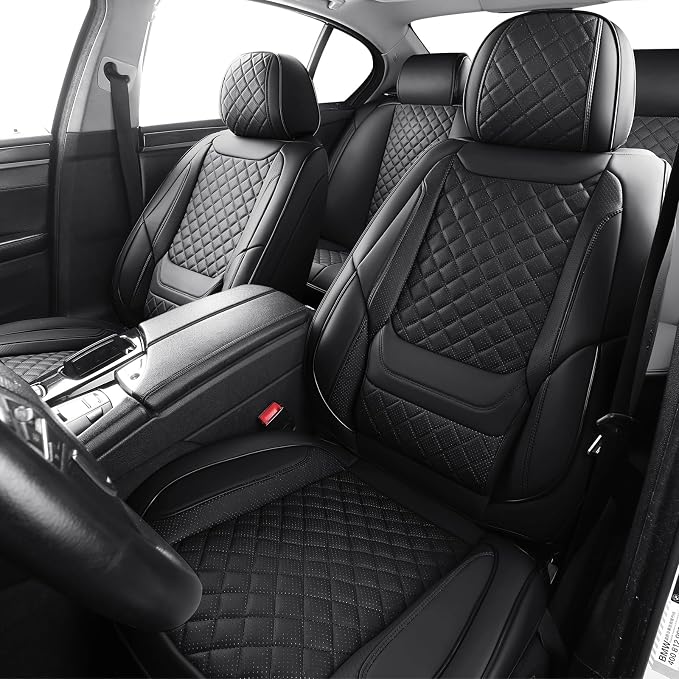 Black Leather Car Seat Covers Full Set Breathable Seat Protectors Waterproof Automotive Seat Covers Universal Fit for Most Cars SUVs Trucks Vehicles