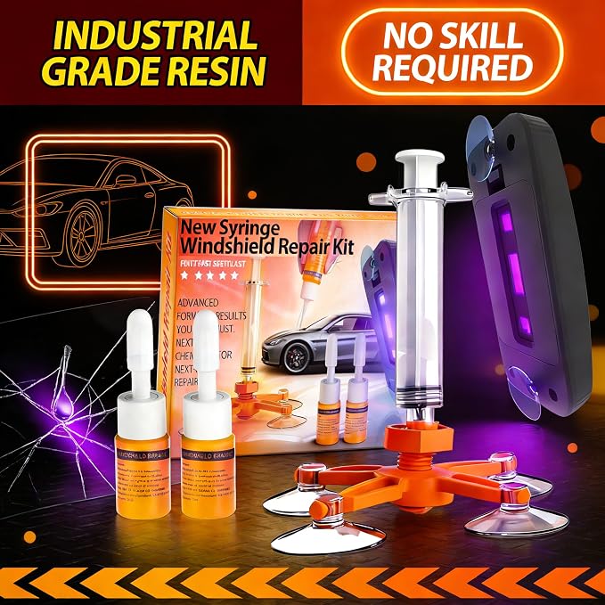 Windshield Repair Kit, Windshield Crack Repair Kit with Suction Cup Curing Light, 2 Pcs Car Glass Repair Kit Quick Fix for Chips & Cracks, Windshield Chip Repair Kit, Automotive Nano Fluid（Orange）