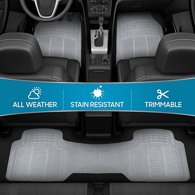 BDK ProLiner Car Floor Mats for Cars Trucks SUV, 3-Piece All-Weather Heavy Duty Rubber Liners with Universal Trimmable Fit, Durable Waterproof Vehicle Auto Floor Mats with Capture Ridges Gray