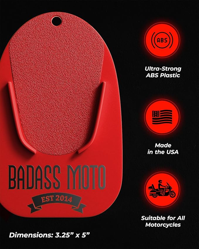 Badass Moto Motorcycle Kickstand Pad, Kick Stand Puck, Coaster Plate for Harley Davidson Touring, Sport Bike, Cruiser, Motorcycle Accessories for Grass, Dirt, Hot Pavement Parking Pad, Made in USA,Red