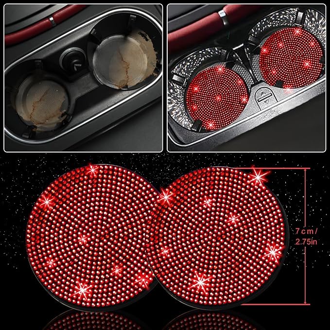 NBTEPEM 12 Pcs Bling Car Accessories Set for Women Car Floor Mats Full Set Steering Wheel Cover Seat Belt Covers Coasters Universal Fit Car SUV Truck Van Red