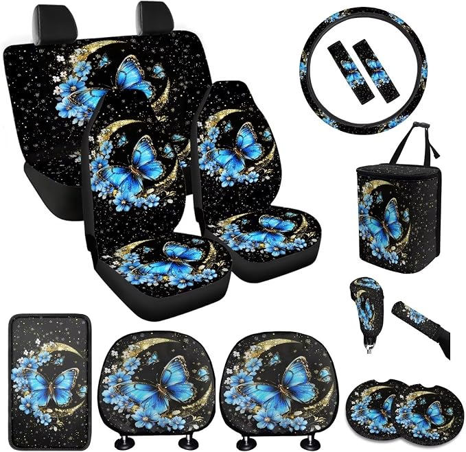 BIGCARJOB Butterfly Car Seat Cover Full Set,15 Pcs Moon Butterfly Auto Interior Accessories Set with Car Seat Head Rest Protective Cover,Auto Garbage Bag,Cup Mats,Seat Belt Pads