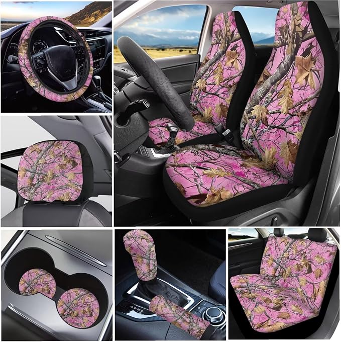KEIAHUAN Car Seat Covers Set for Women Men Camo Hunting Design Includes Gear Shift Cover&Handbrake Cover+Stretchy Steering Wheel Cover+Small Cup Coasters+Car Headrest Covers Auto Interior Accessories