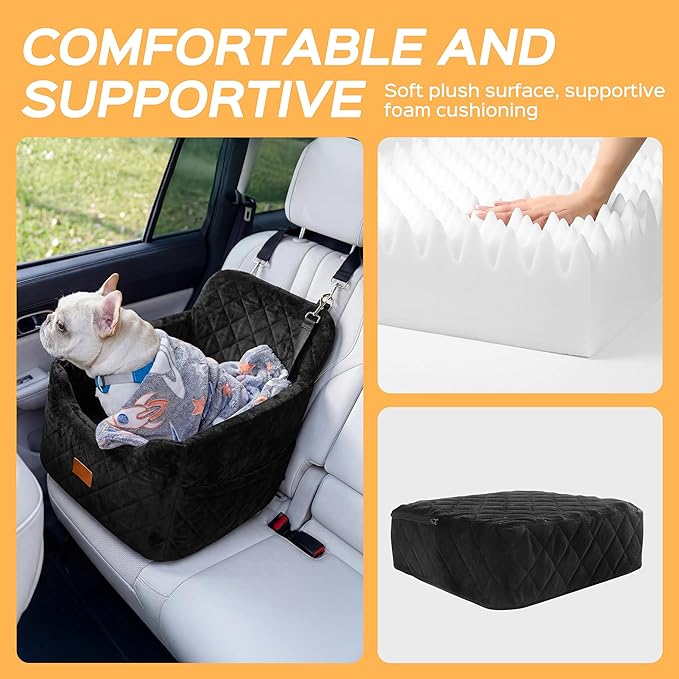 Dog Car Seat for Small Dog with Washable Mat, Memory Foam Booster Seat for Dogs Under 30lb, 6" Elevated Pet Seat with Pockets, Anti-Slip Bed for Car, Perfect for Front & Back Seats with Safety Leash
