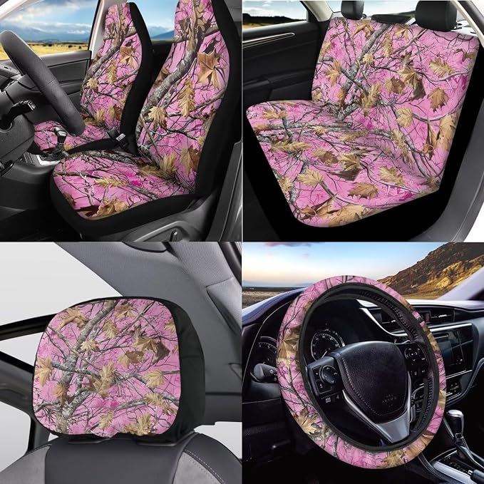 KEIAHUAN Car Seat Covers Set for Women Men Camo Hunting Design Includes Gear Shift Cover&Handbrake Cover+Stretchy Steering Wheel Cover+Small Cup Coasters+Car Headrest Covers Auto Interior Accessories