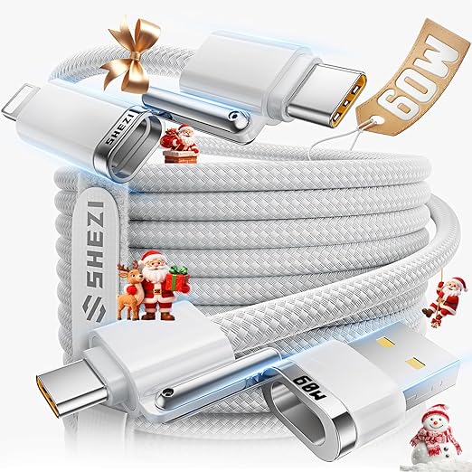 SHEZI 4-in-1 USB C Cable Compatible With Lightning Cable 60W Fast Charging & Data Transfer, Support to CarPlay & Android Auto, 5FT Travel Multi Cord Charger Combo for iPhone/iPad/Samsung/MacBook Cable