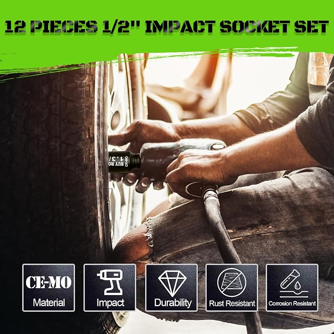 1/2"12-Piece Extended Drive Impact Socket Set, Deep SAE Spindle Axle Nut Impact Socket Set, Cr-Mo, 1-1/16, 1-1/8, 1-3/16, 1-1/4, 1-5/16, 1-3/8, 1-7/16, 1-1/2, 1-9/16, 1-5/8, 1-11/16, 1-3/4 Socket