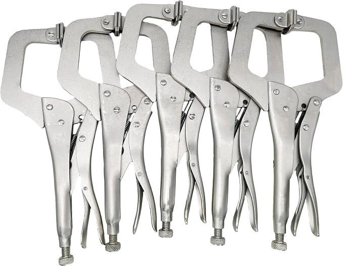11" C Clamp Locking Pliers, 5-Pack Heavy-Duty | Universal for wood/metal/auto work, 11" regular tip, easy-release trigger, heat-treated steel, 5-pack.