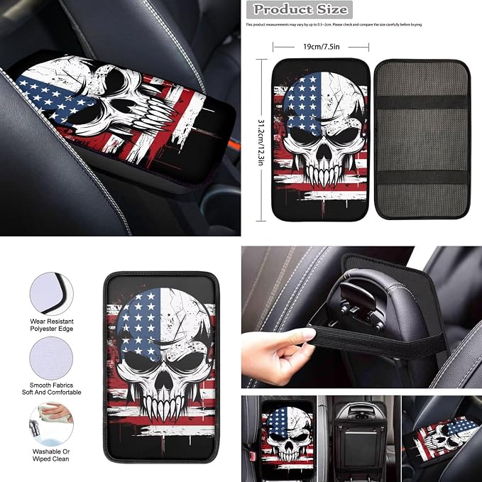 Howilath USA Flag Skull Car Front Seat Cover with Interior Accessories Center Console Cover+Steering Wheel Cover+Seatbelt Pads+Keychain+Coasters Set of 10 Fit Sedan Truck Van