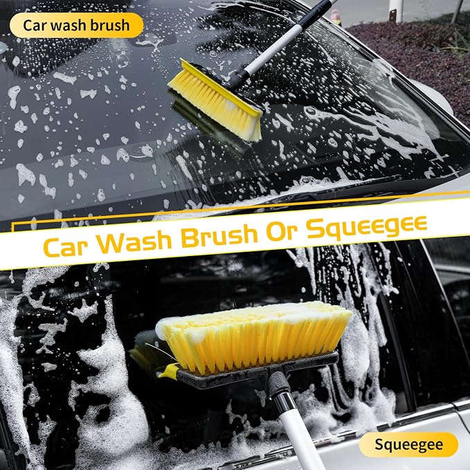 Ordenado 56" Car Wash Brush with Long Handle - Car Cleaning Brush with Soft Bristle & Squeegee, Scratch-Free Car Cleaning Mop Kit for Washing Exterior & Snow, Universal for RV Boat Truck SUV Yellow