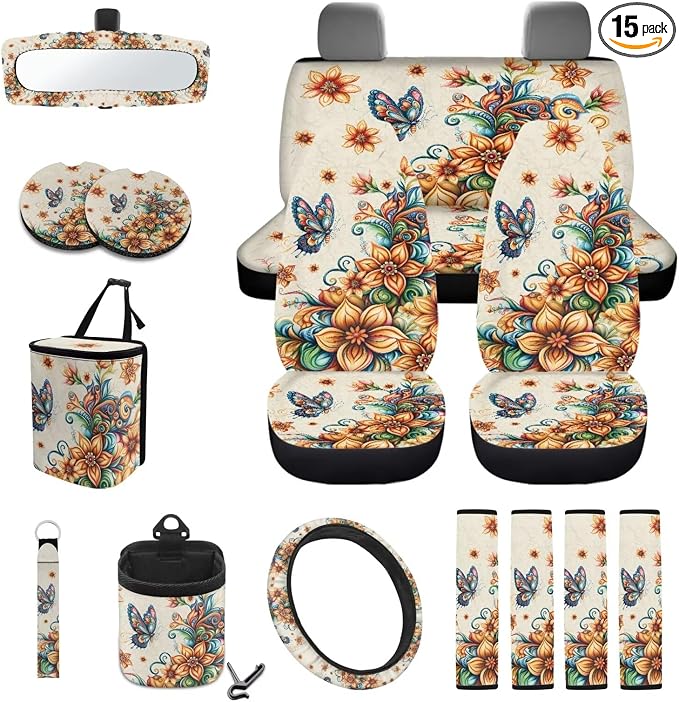 Butterfly Boho Floral Print Car Seat Covers 15Pcs Full Set Car Steering Wheel Cover Seat Belt Cover Trash Bin Air Vent Storage Box Rear View Mirror Car Cup Holder Keychain
