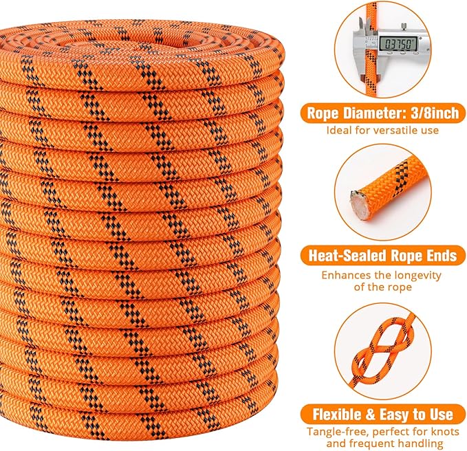 Double Braided Arborist Rigging Rope - 3/8 in X 100 ft 48 Strands Rappelling Outdoor Pulling Heavy Duty Polyester Bull Rope for Swing Tree Work Camping Rescue Hiking - Orange