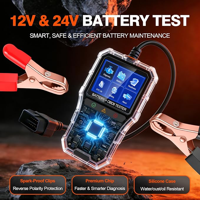 2-in-1 PRO OBD2 Scanner Diagnostic Tool, Car Code Reader with Battery Tester, Check Engine Code Reader with Reset OBDII, Real-Time Date, DTC Lookup, Scan Tool for All OBDII Protocol Cars Since 1996