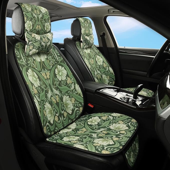 Car Seat Covers,Green Floral William Morris Desgin,Breathable 3D Air Fabric Automotive Seat Cushions, Vintage Boho Aesthetic Interior Accessories, Universal Fit, Machine Washable