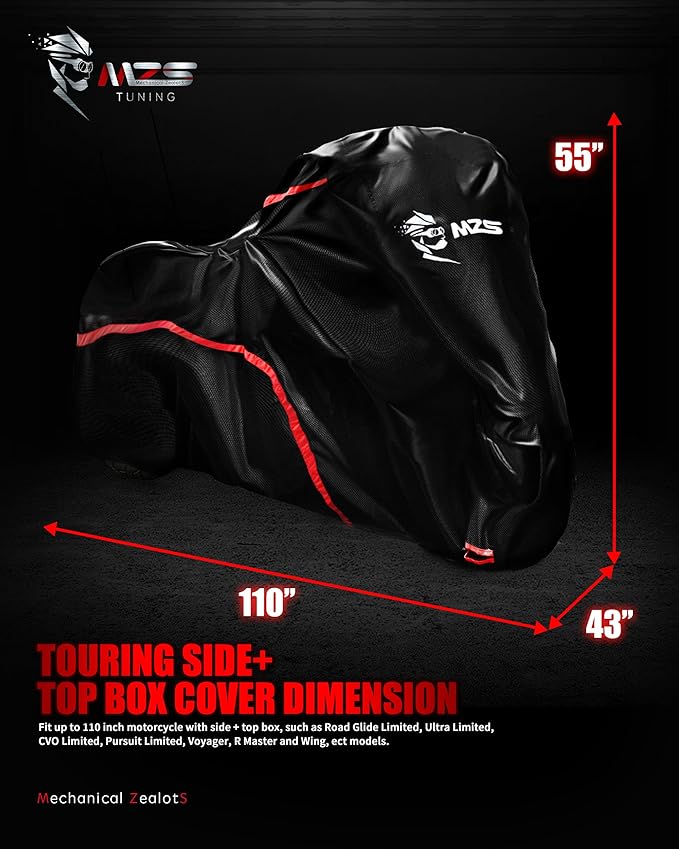 MZS Motorcycle Cover Waterproof Outdoor Storage, 420D All Season Weather Touring Protection Side & Top Box Cover fit up to 110" Compatible With Road Glide Ultra CVO Pursuit Limited Wing Voyager