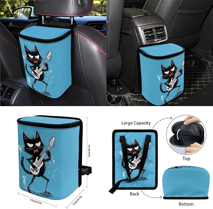 Cat Play The Guitar Print Car Seat Cover Full Set of 15 Seatbelt Strap Pad Steering Wheel Covers Rear View Mirror Cover Trash Cans Air Vent Storage Bag Cup Coasters Keychain