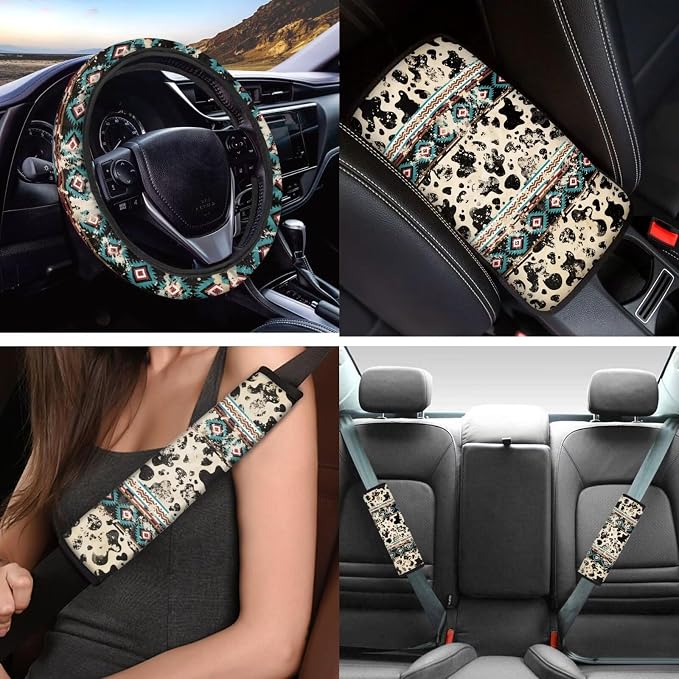 Western Aztec Cow Automotive Seat Cover Full Set Car Protection Accessory,Comfy Elastic Front Rear Bench Seat Cover for Most Vehicle,Steering Wheel Cover,Cow Keychain,Coaster,Seat Belt,Armrest