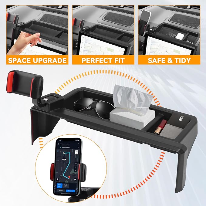 Phone Holder Dash Organizer Fit for Toyota Tacoma 2024-2026 | Fit for 4Runner 14 in screen, 360 Degree rotation phone mount, dashboard screen storage tray