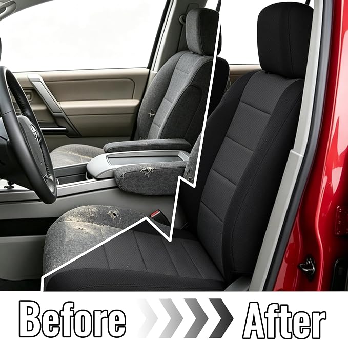 Heavy Duty Composite Fabric Front Seat Covers with Armrest for Nissan Titan 2004-2012 Easy to Clean and Washable - Black