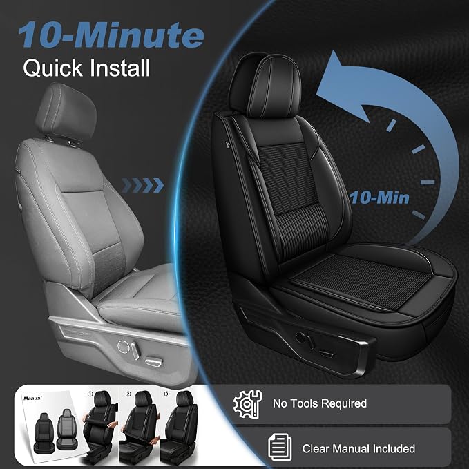 for Ford F150 2009-2026 Seat Covers F250 F350 F450 2017-2026 | Super Duty Truck Faux Leather Ice Silk XL XLT Lariat Platinum SuperCrew STX Extended Cab Trims (5 Seats, Black)