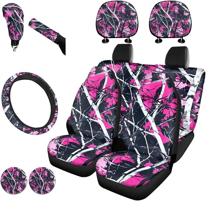 KEIAHUAN Pink Muddy Camo Branch Car Accessories Include Car Seat Cover Headrest Cushion Pads/Cup Coasters/Gear Shift Cover Handbrake Cover/Steering Wheel Cover Full Set of 11 for Women
