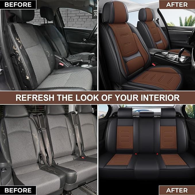 otoez Nappa Leather Car Seat Covers Full Set, Breathable Leather Automotive Seat Covers Front & Rear Seat Protectors with Lumbar Support, Universal Fit for Most Cars SUV Truck Sedan(Black+Brown)