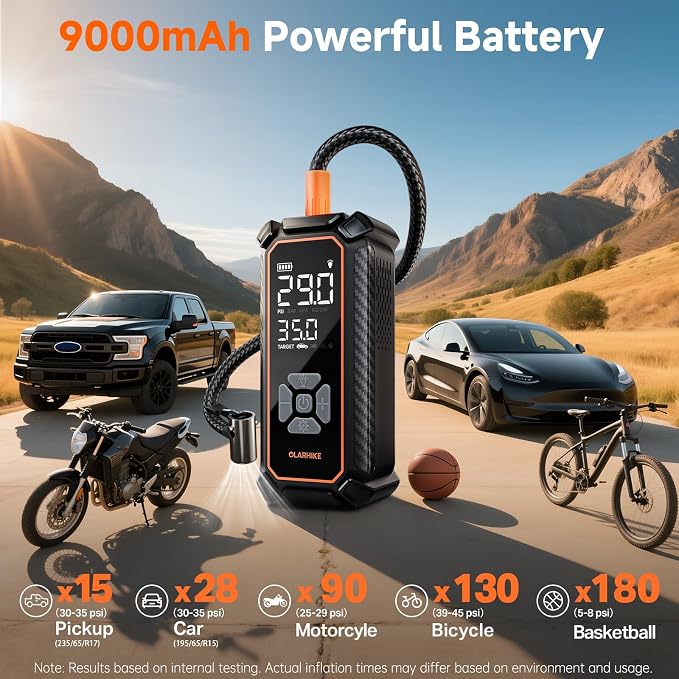 OlarHike Cordless Tire Inflator Bundle - 6000mAh & 9000mAh Dual Power Portable Air Compressors (150PSI), with LED Light & Digital Gauge - Perfect for Car, Bike, Motorcycle Tires