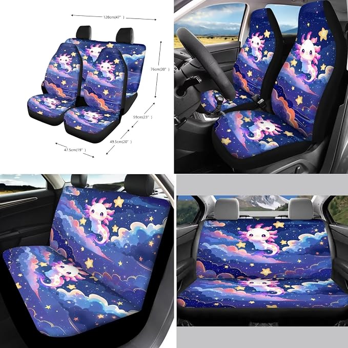 Xoenoiee Cute Axolotl Galaxy Print 11 Pcs Car Accessories with Front & Rear Auto Seats Covers, Steering Wheel Cover, Seat Belt Pads, Cup Coaster, 2 Pcs Keyrings - Universal Fit
