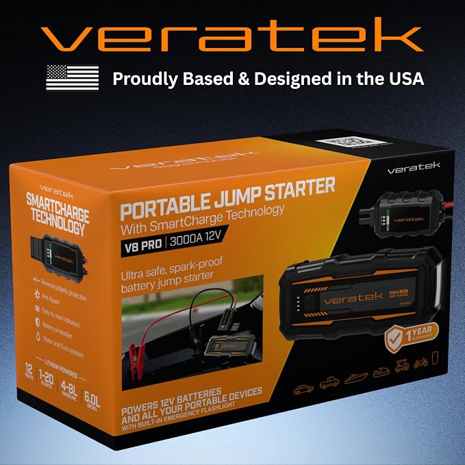 ReelCharge - Veratek V8 Pro 3000A Car Battery Jump Starter Portable (8.0L Gas & 6.0L Diesel) – 12V Lithium Battery Booster Pack with SmartCharge Safety, Jumper Cables, 20000mAh Power Bank, Jump Box.